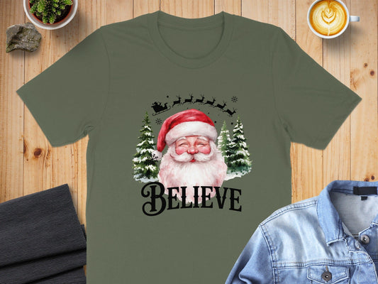 Believe Santa Claus with Trees Festive Holiday Shirt