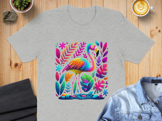 Colorful Flamingo and Foliage Design T-shirt