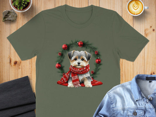 Adorable Holiday Puppy with Wreath Christmas T-Shirt