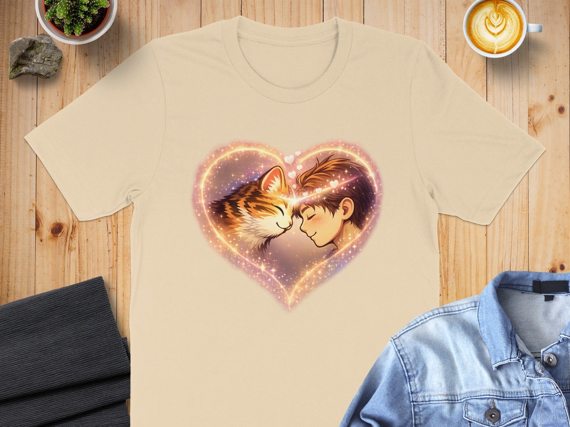 Heartwarming Cat and Human Anime Art T-Shirt
