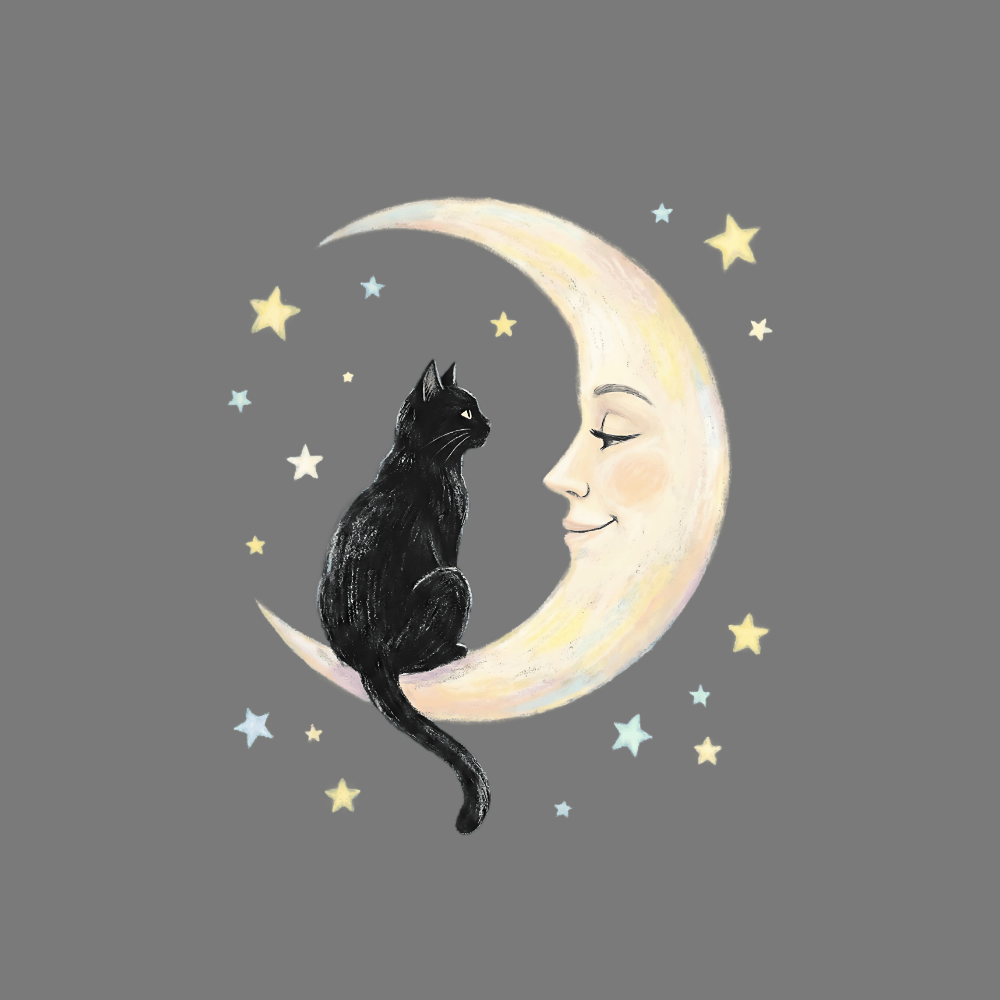 Black Cat Sitting on Crescent Moon with Stars Graphic