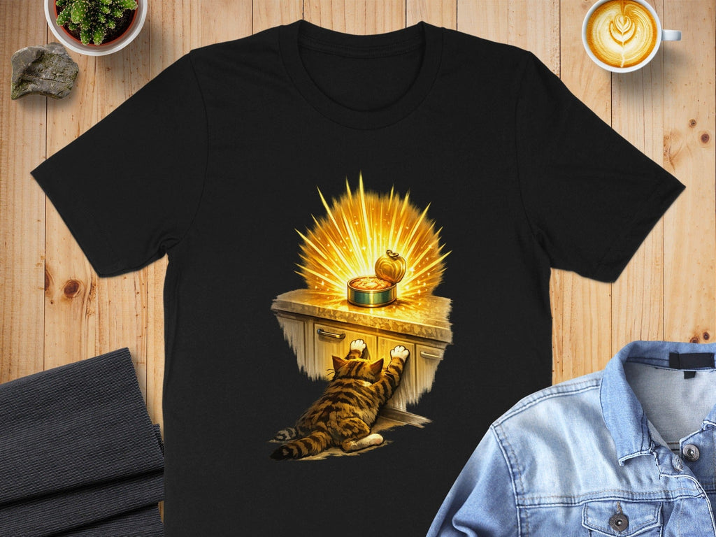 Cat Reaching for Glowing Can of Food Design T-shirt Product
