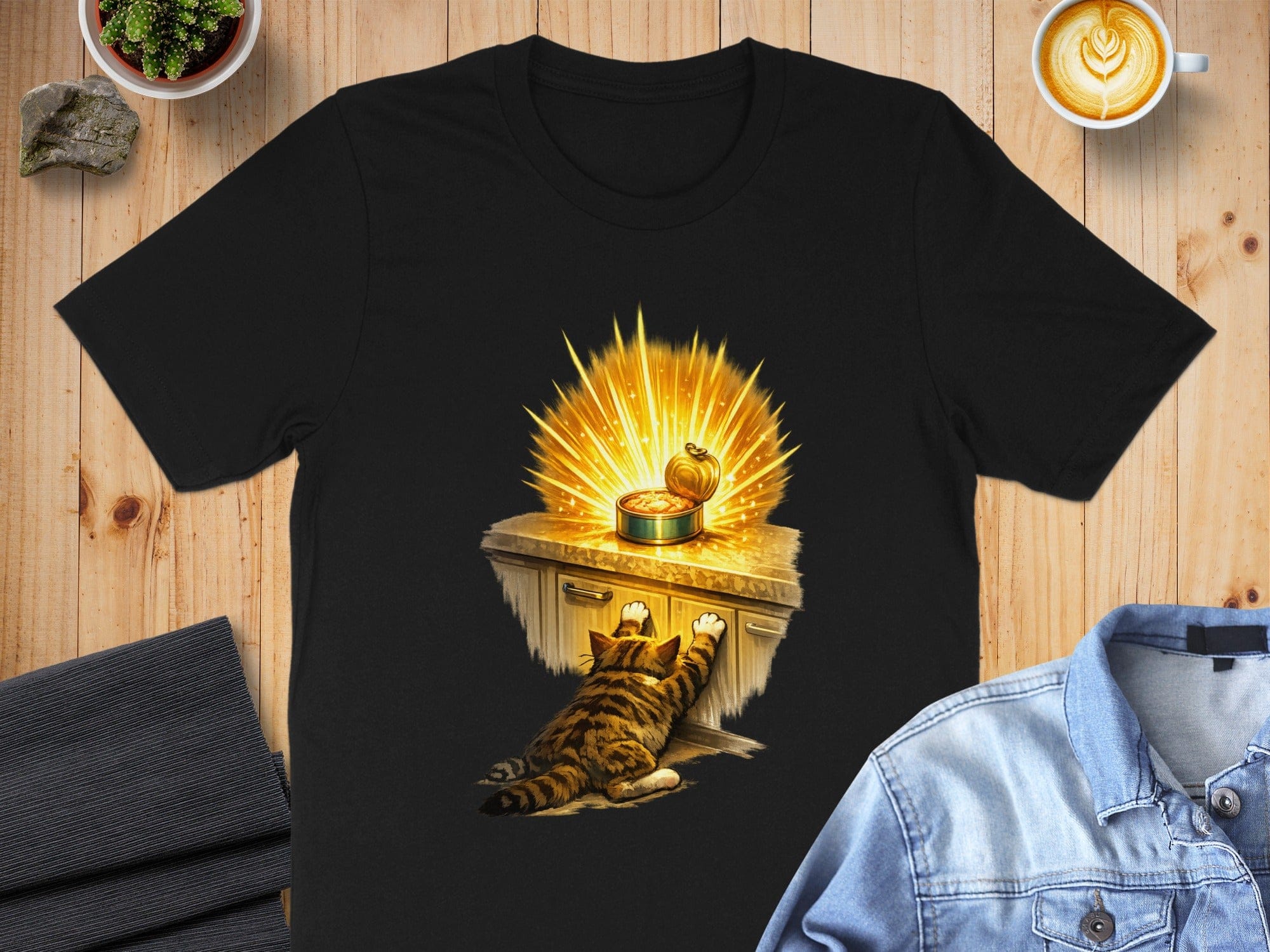 Cat Reaching for Glowing Can of Food Design T-shirt Product