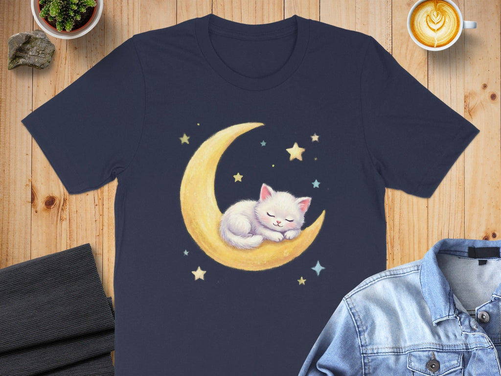 Cute Sleeping Cat on Moon with Stars T-shirt