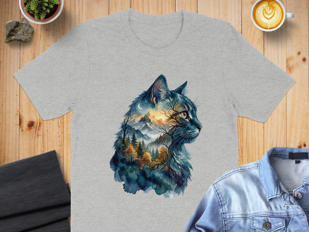 Cat Silhouette with Nature Scene Graphic T-Shirt