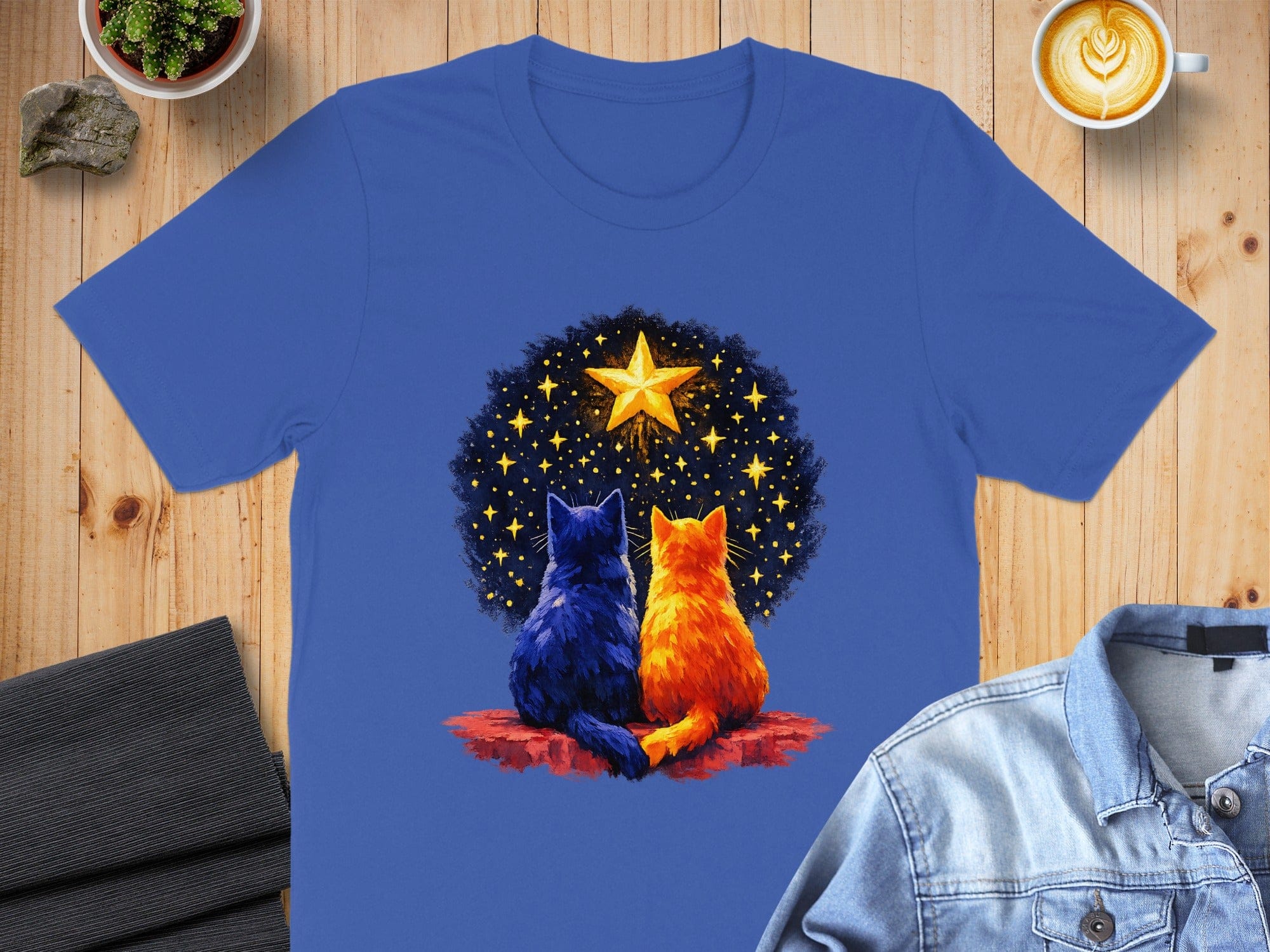 Cats Gazing at a Star in Night Sky Artwork Shirt