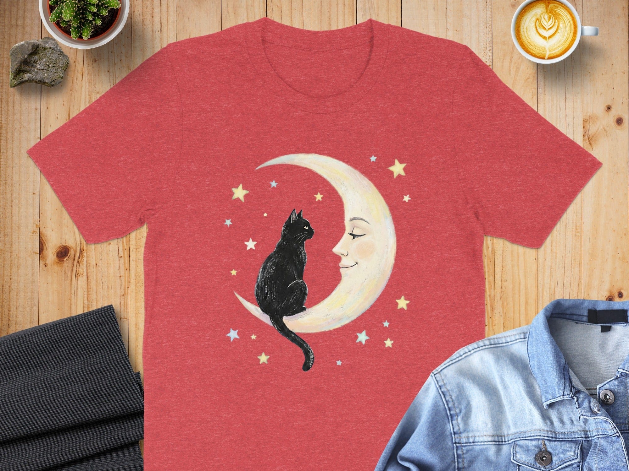 Black Cat Sitting on Crescent Moon T-Shirt