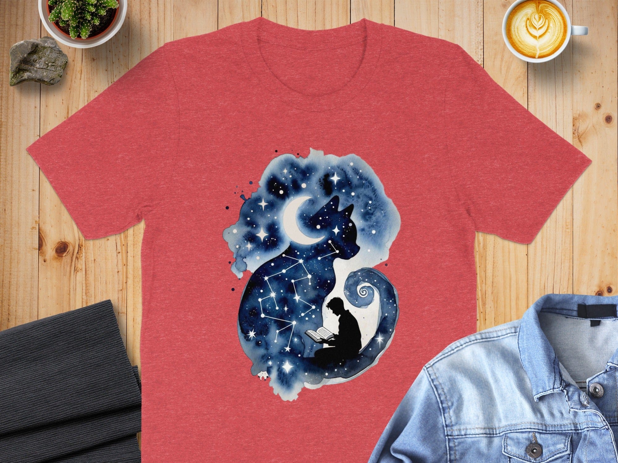Night Sky Cat and Reader Graphic T-Shirt