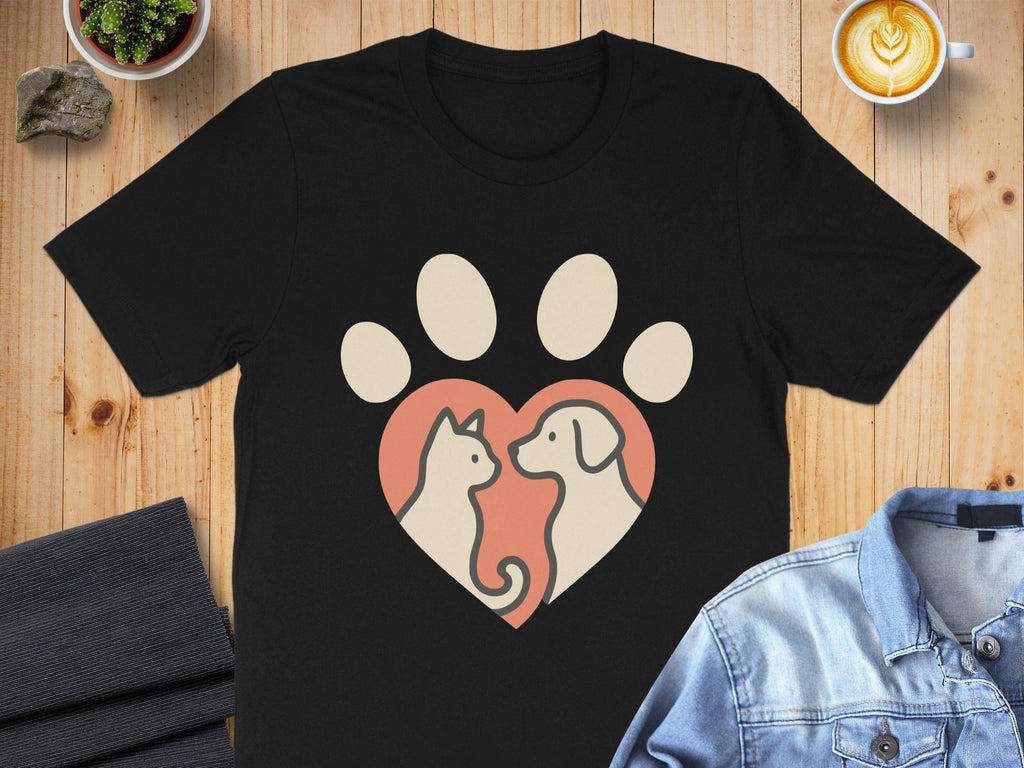 Cute Cat and Dog Heart Design T-shirt