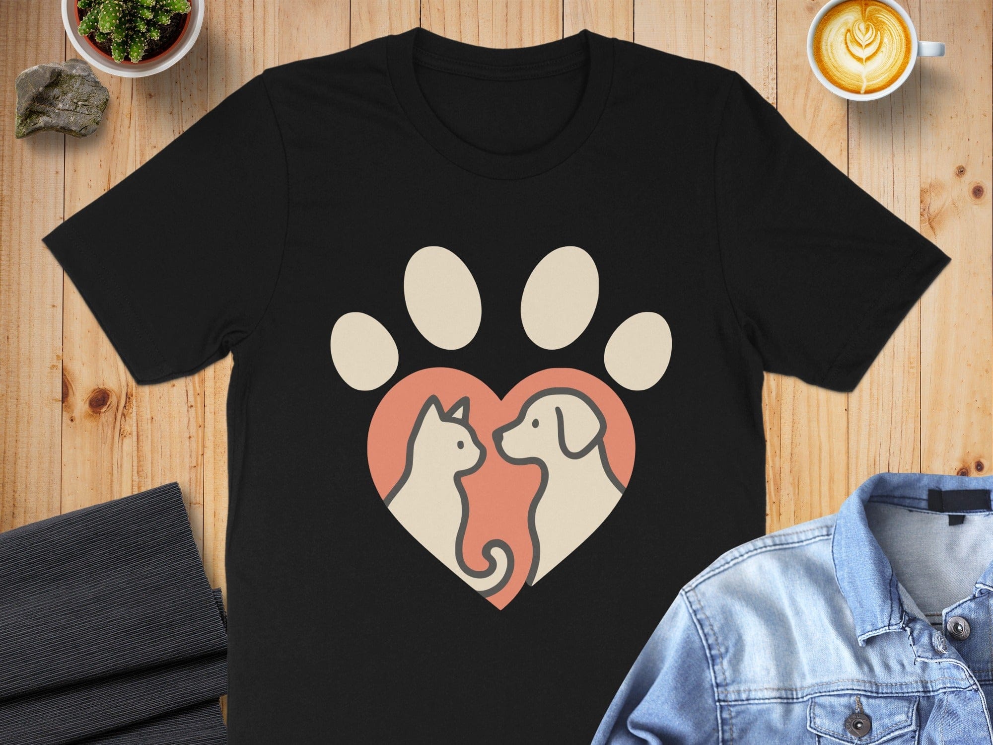 Cute Cat and Dog Heart Design T-shirt