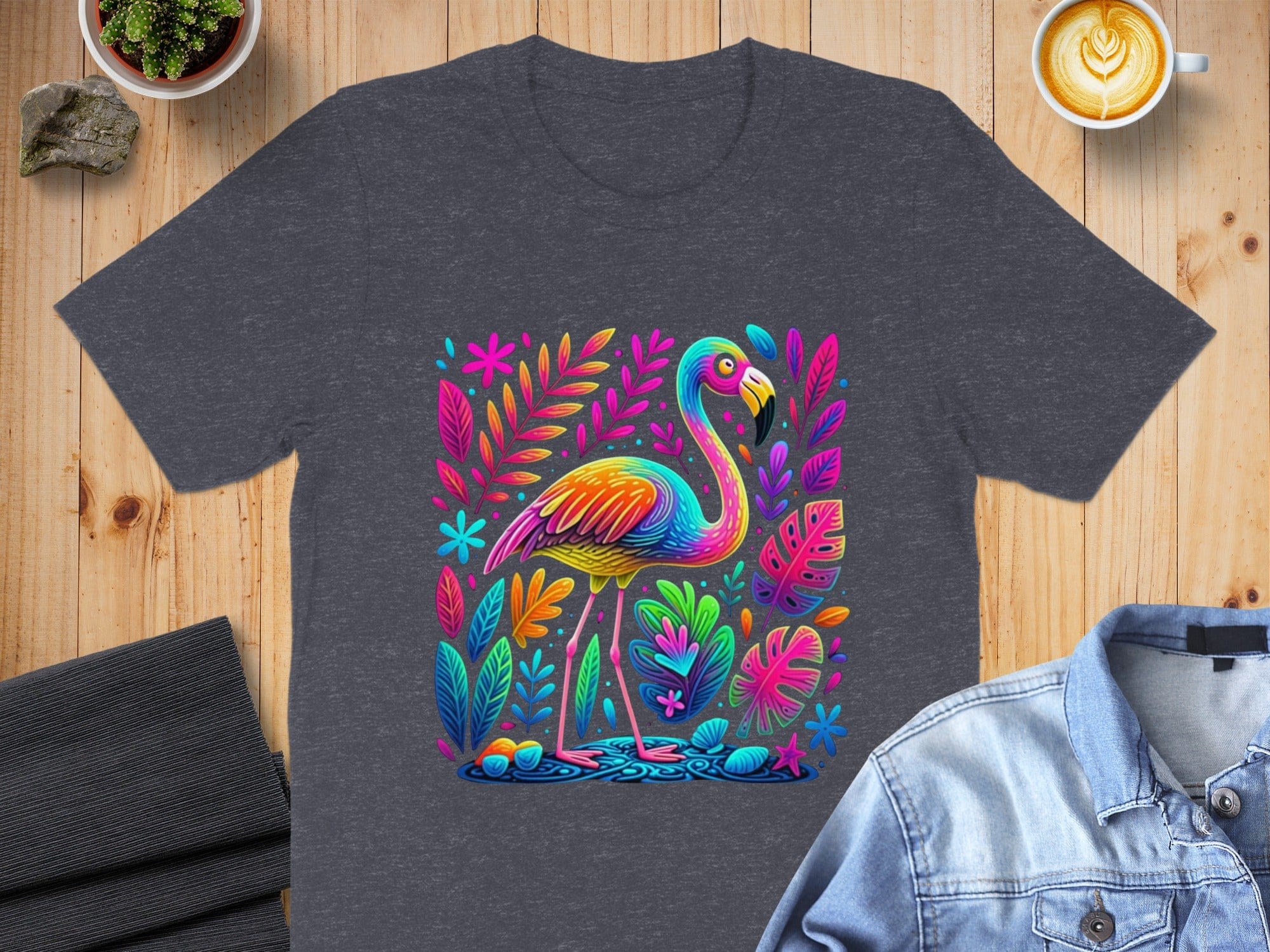 Vibrant Flamingo and Tropical Leaves Design T-shirt