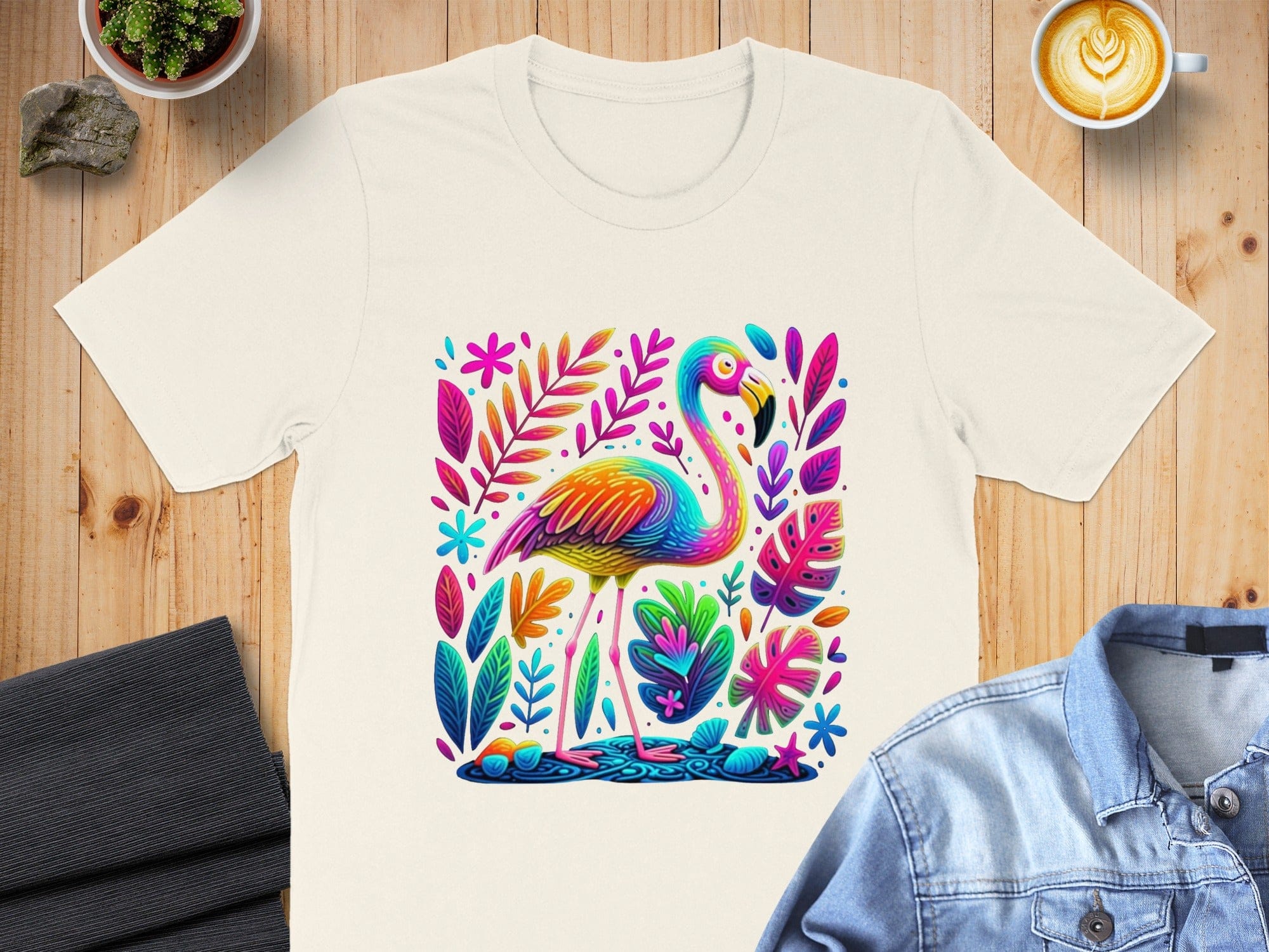 Colorful Floral Flamingo Design T-Shirt Product