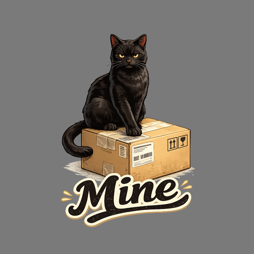 Black Cat Sitting on Package with 'Mine' Text Design