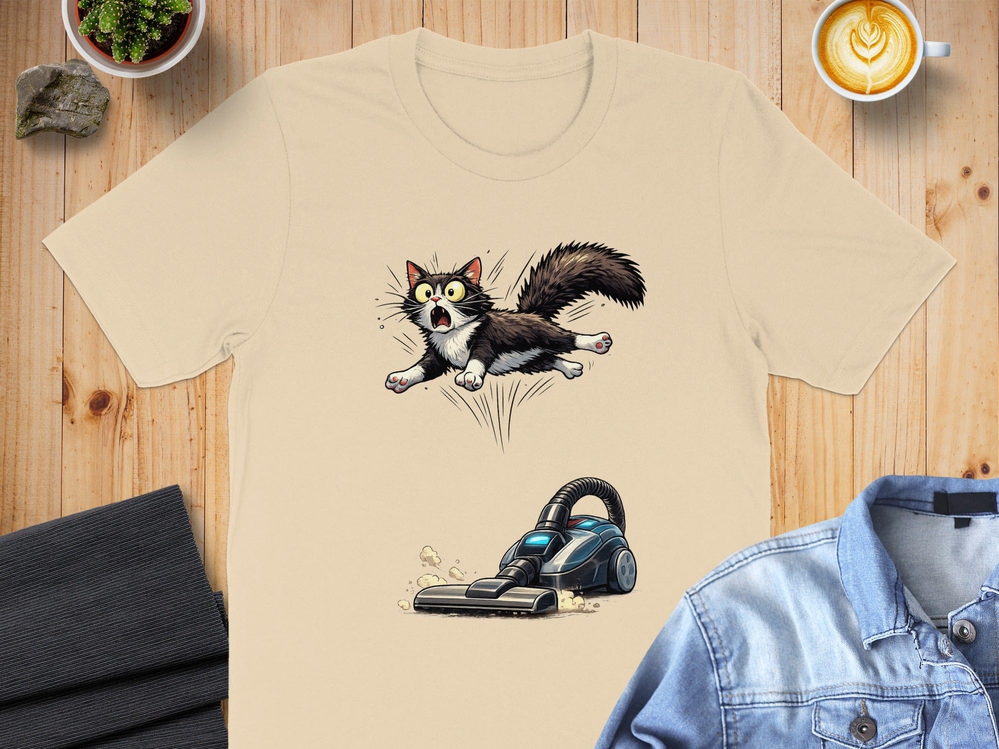 Funny Cat and Vacuum Cleaner T-Shirt Design Shirt
