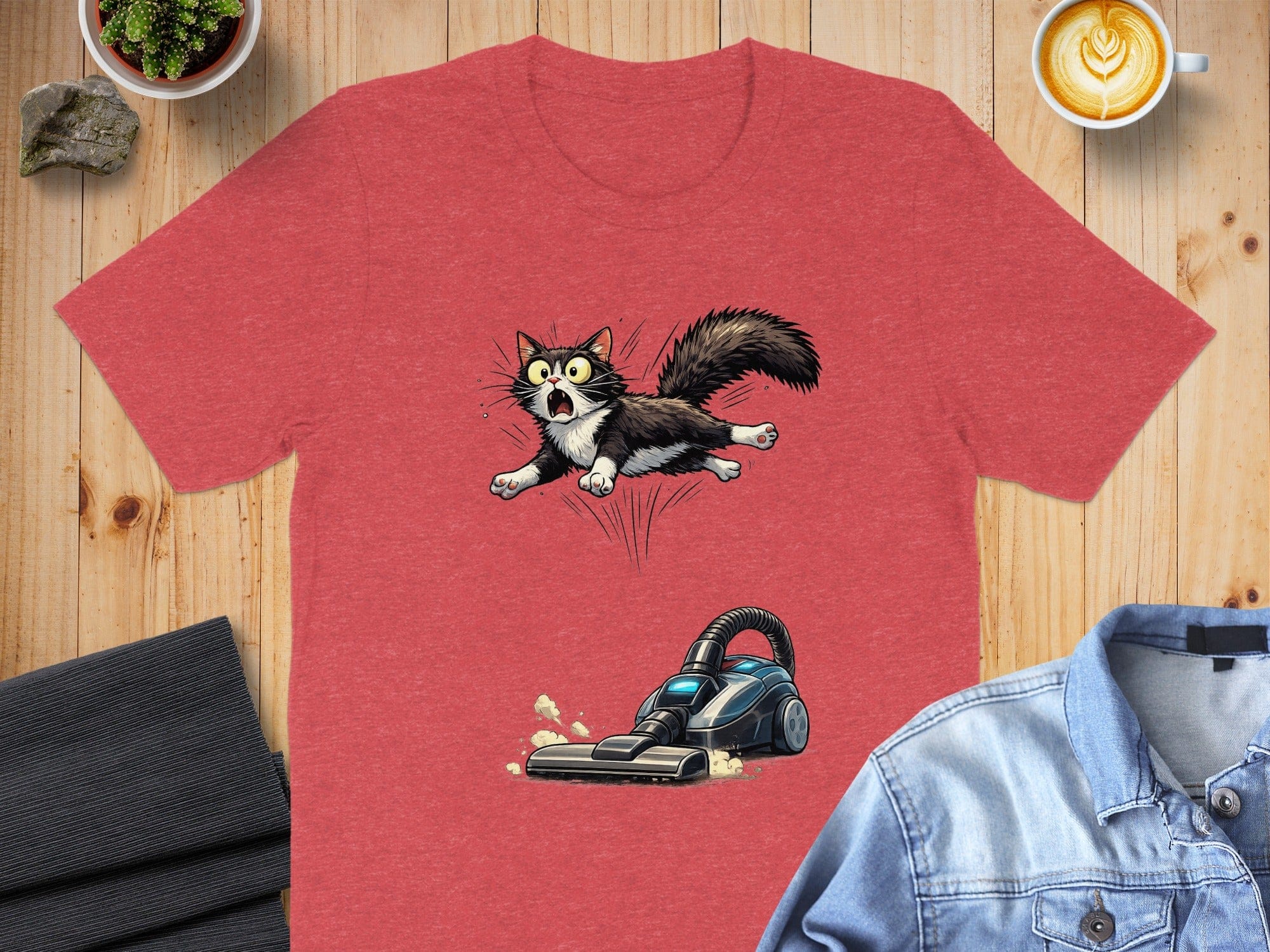 Funny Cat Jumping Over Vacuum Graphic T-shirt