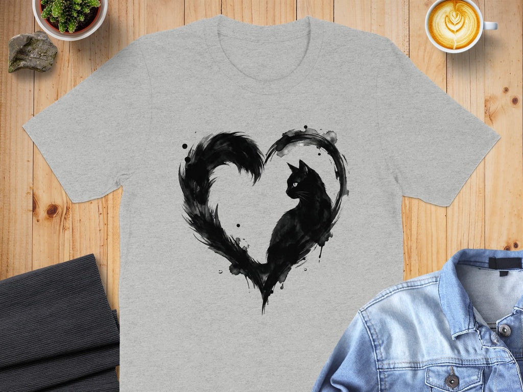 Black Cat Silhouette Inside Heart Design T-shirt