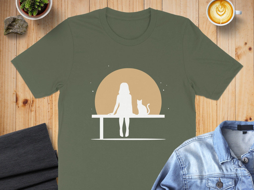 Girl and Cat Silhouette on Bench Graphic Shirt