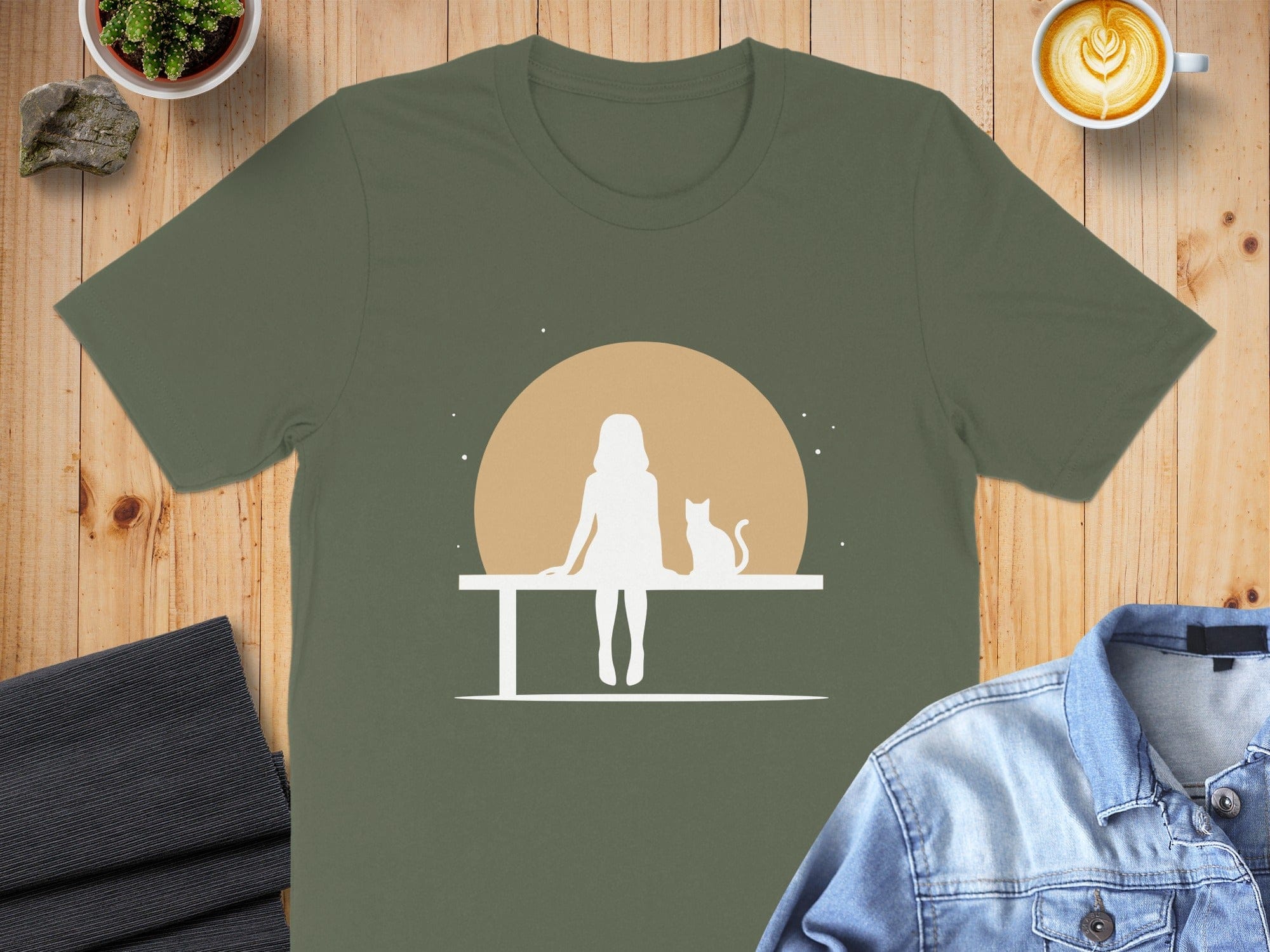Girl and Cat Silhouette on Bench Graphic Shirt