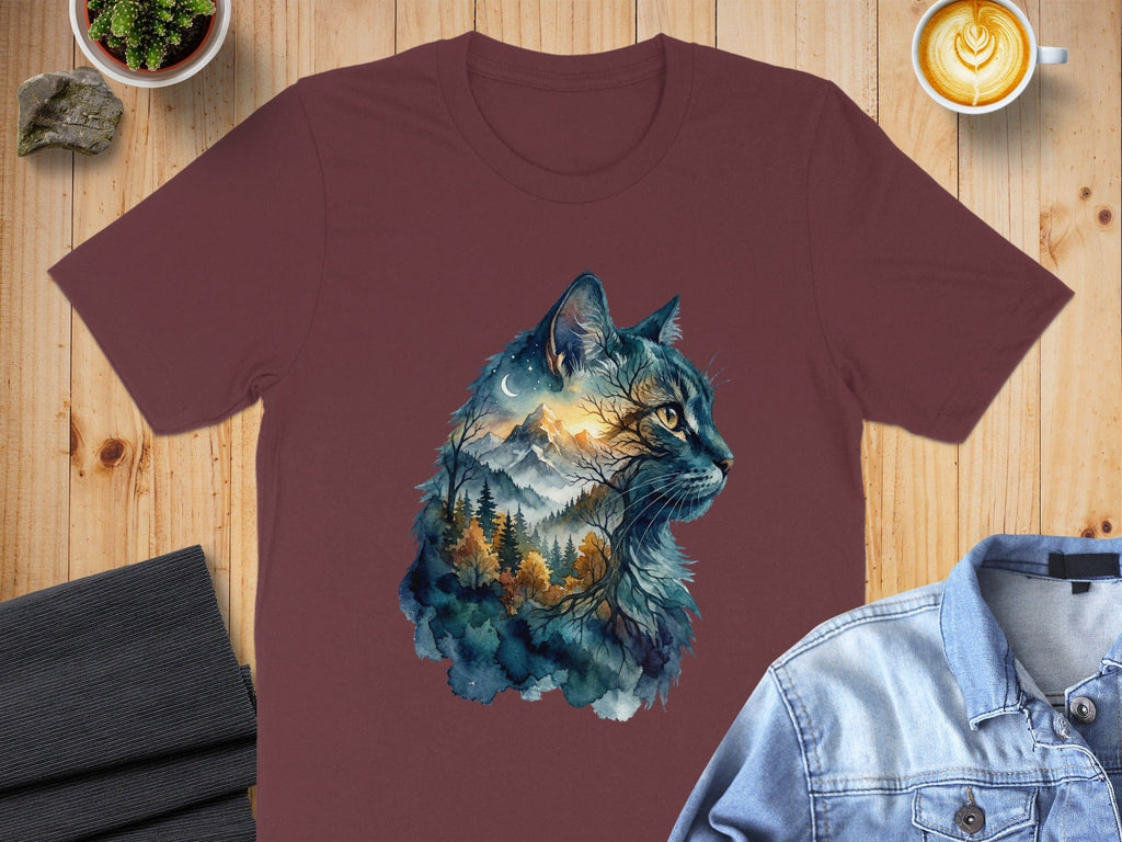Forest Cat Design Artistic Graphic Tee Shirt