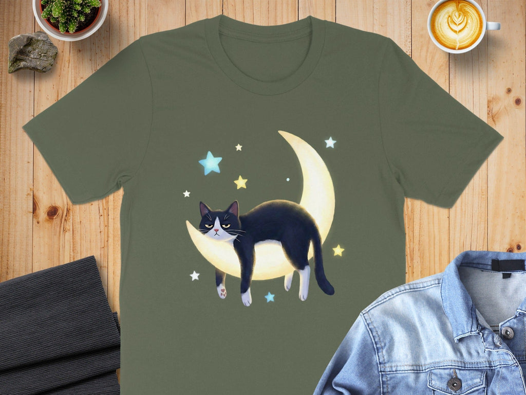 Cat Sleeping On Crescent Moon with Stars T-shirt