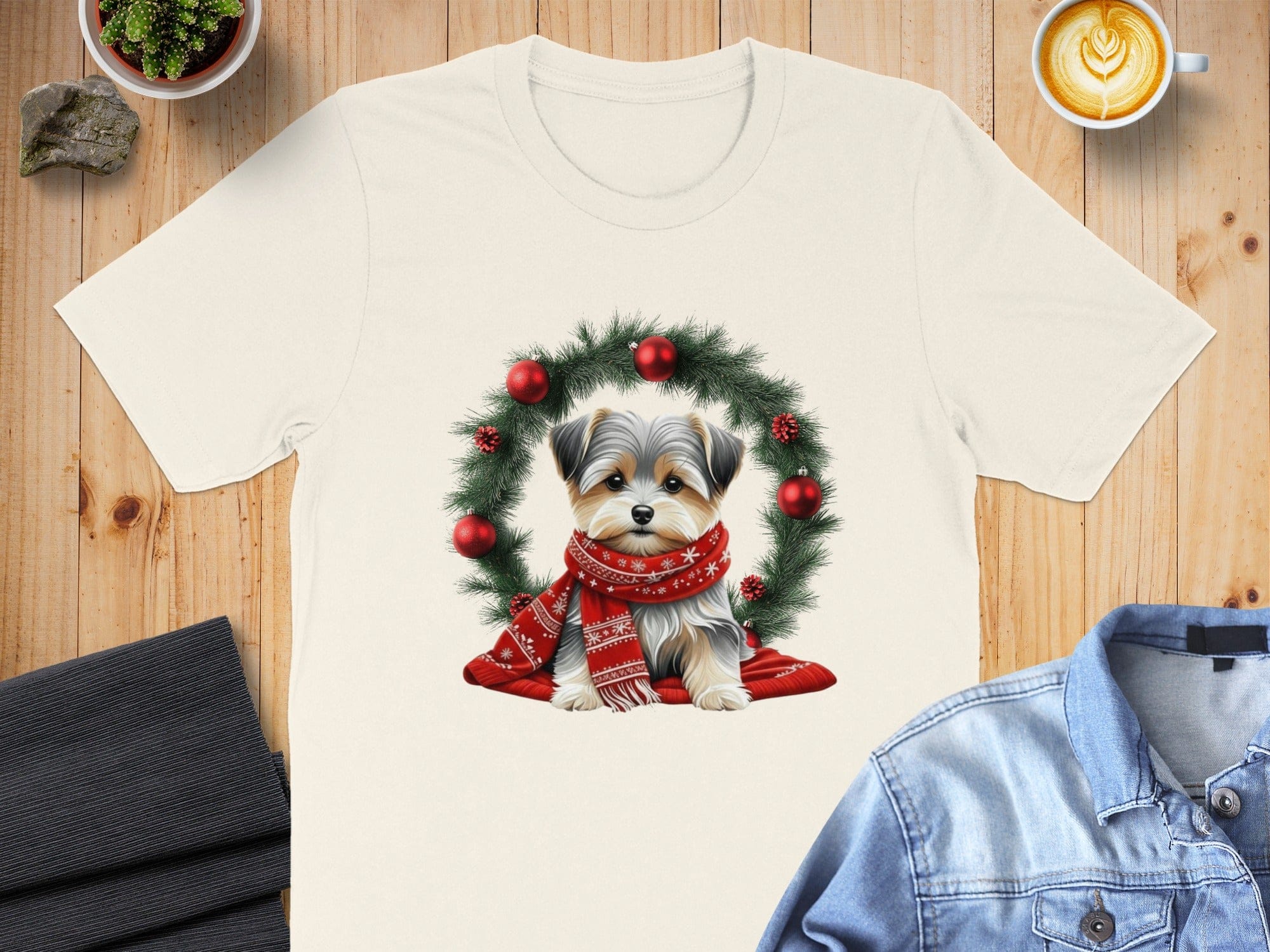 Cute Dog with Holiday Wreath Christmas Tee