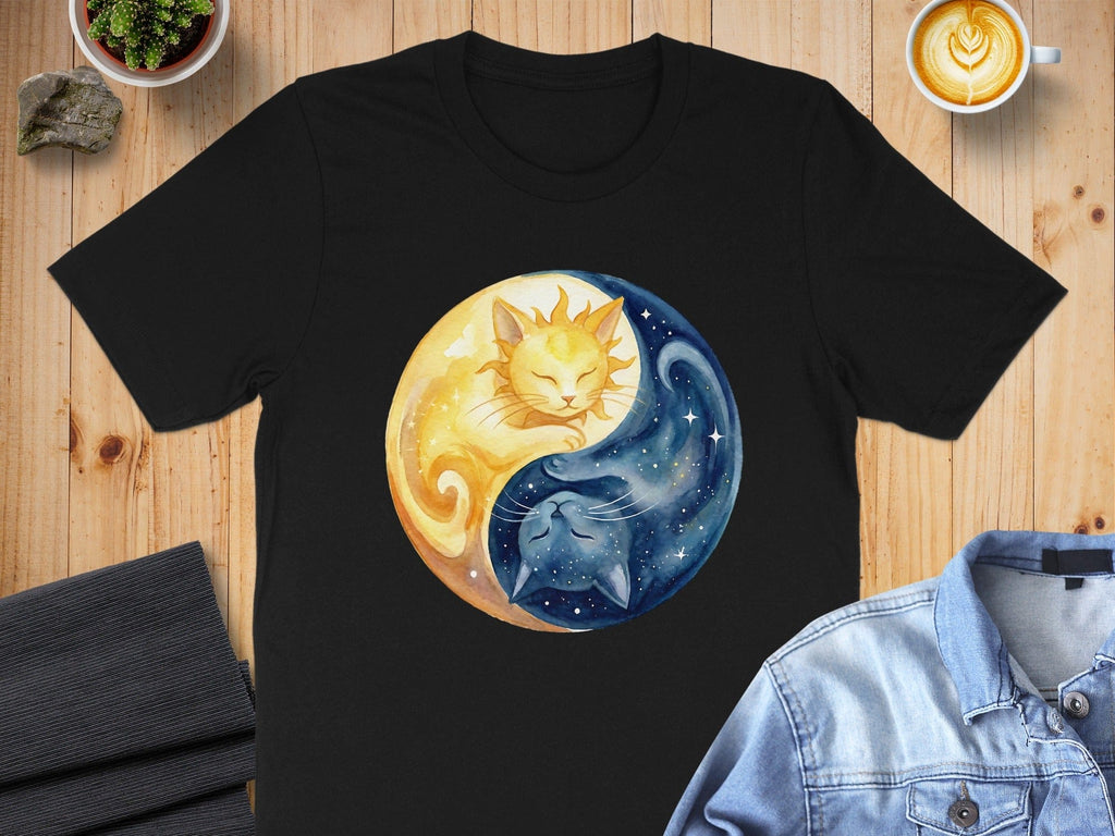 Yin Yang Cat Design Sun Moon Graphic Tee Shirt