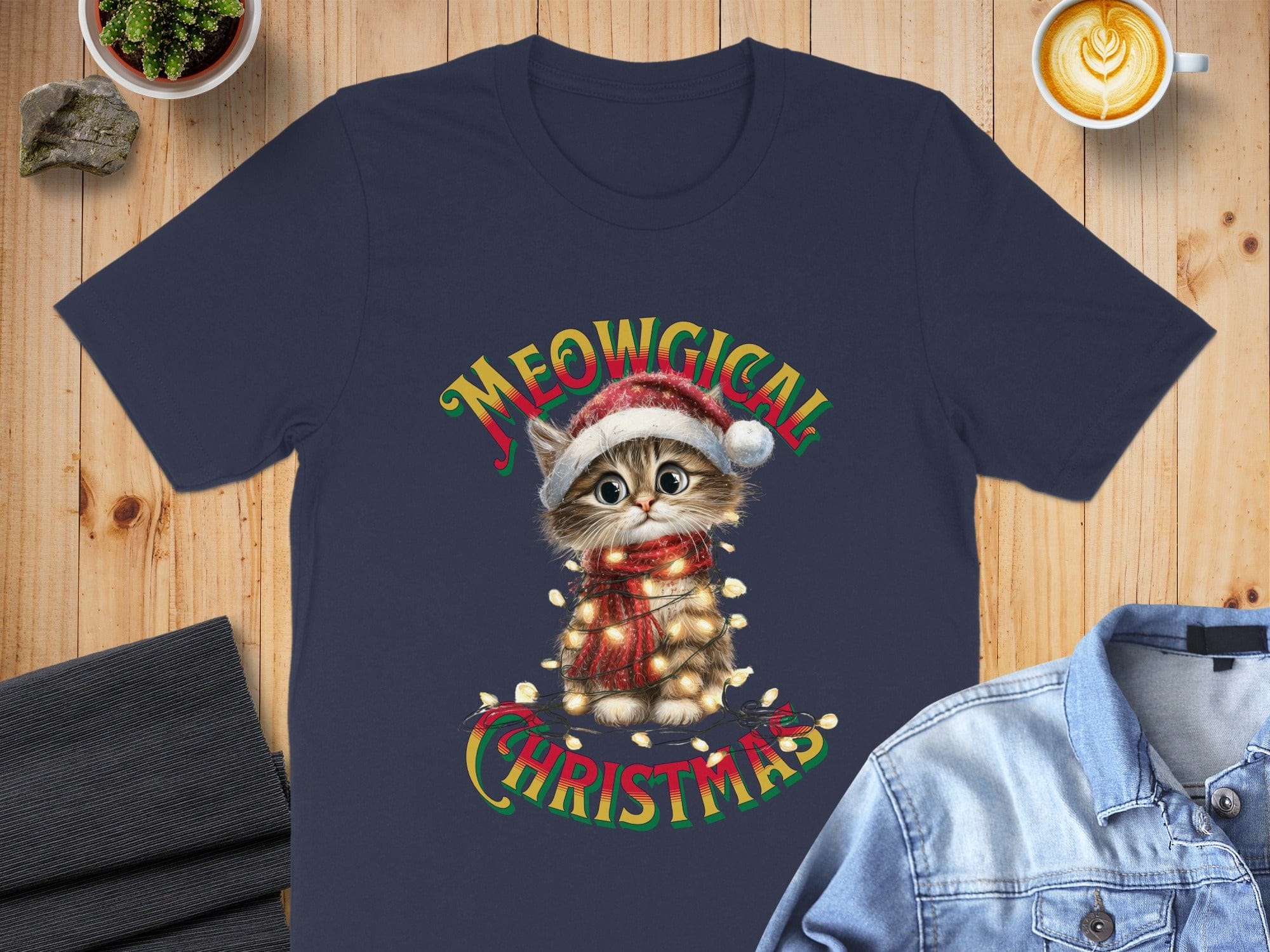 Meowgical Christmas Cat with Santa Hat T-Shirt