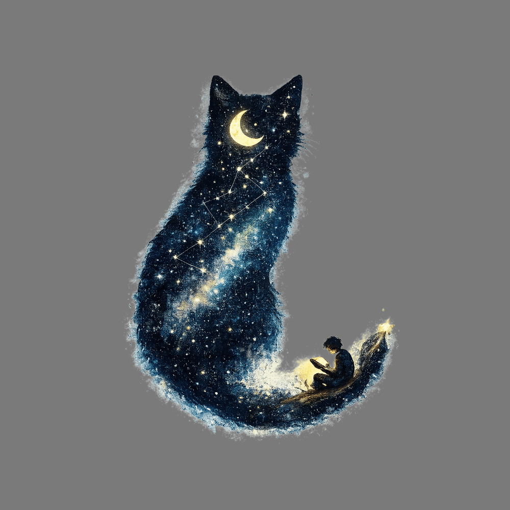Cosmic Cat and Moonlit Reader Fantasy Artwork Design