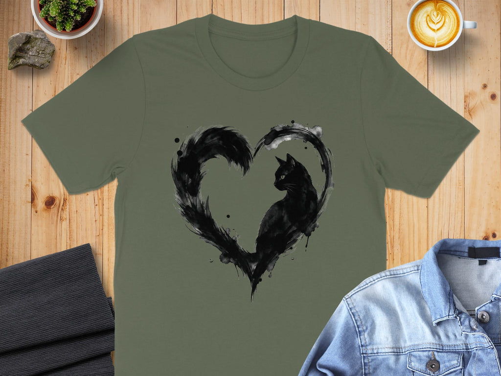 Black Cat Heart Design T-Shirt Unique Art Tee