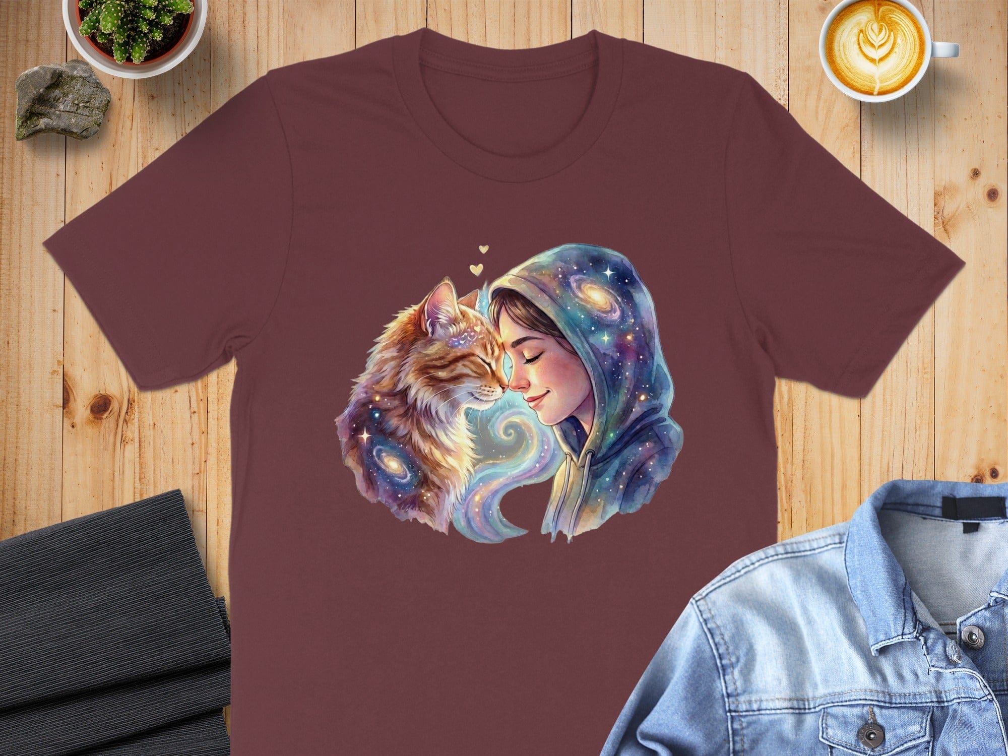 Woman and Cat with Galaxy Hoodies Design Graphic Shirt