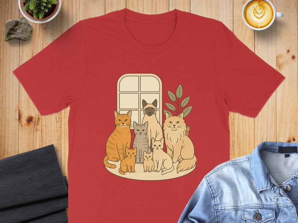 Adorable Cat Family Illustration Red T-Shirt