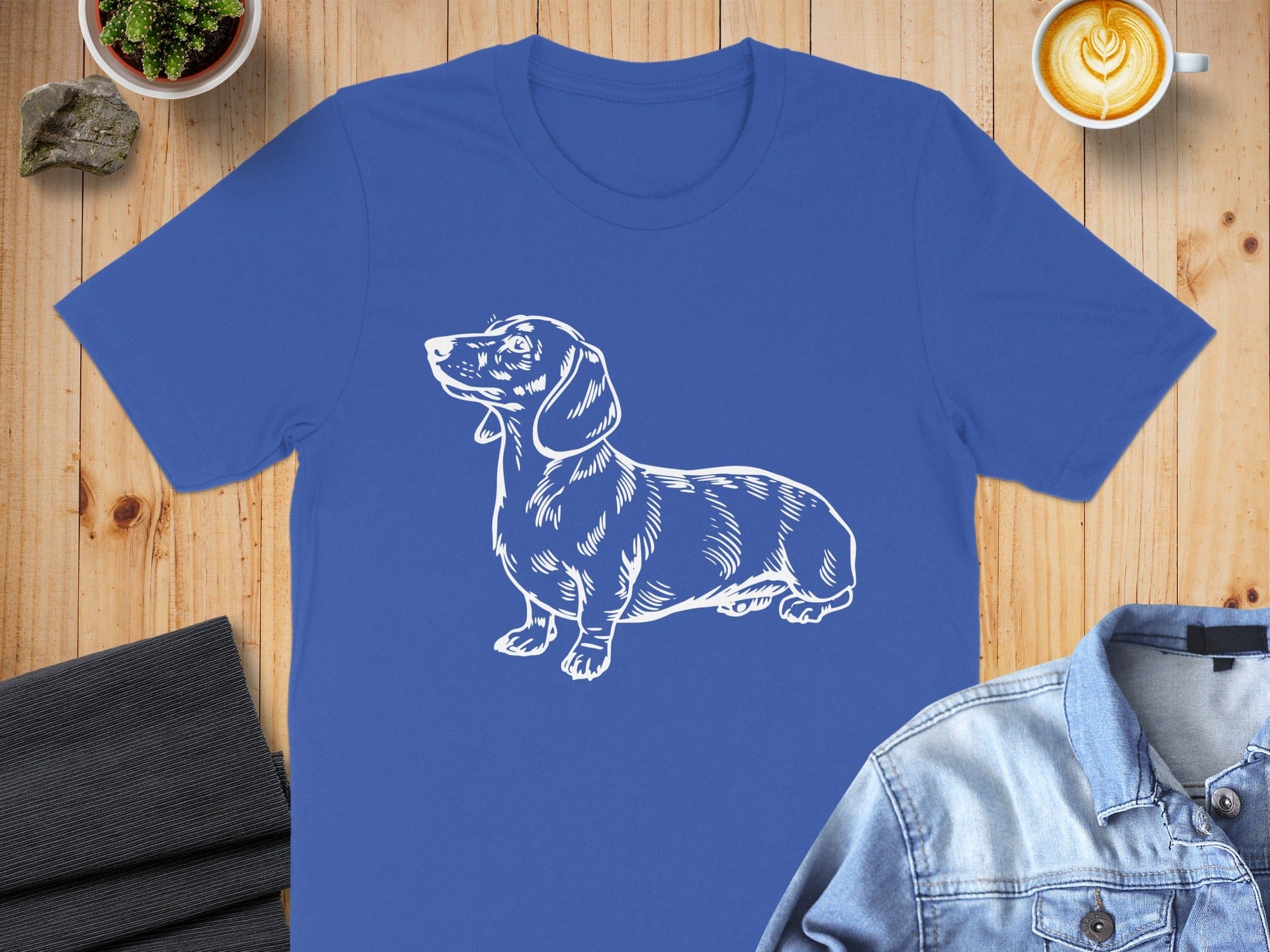 Dachshund Illustration Design on Blue T-Shirt Product