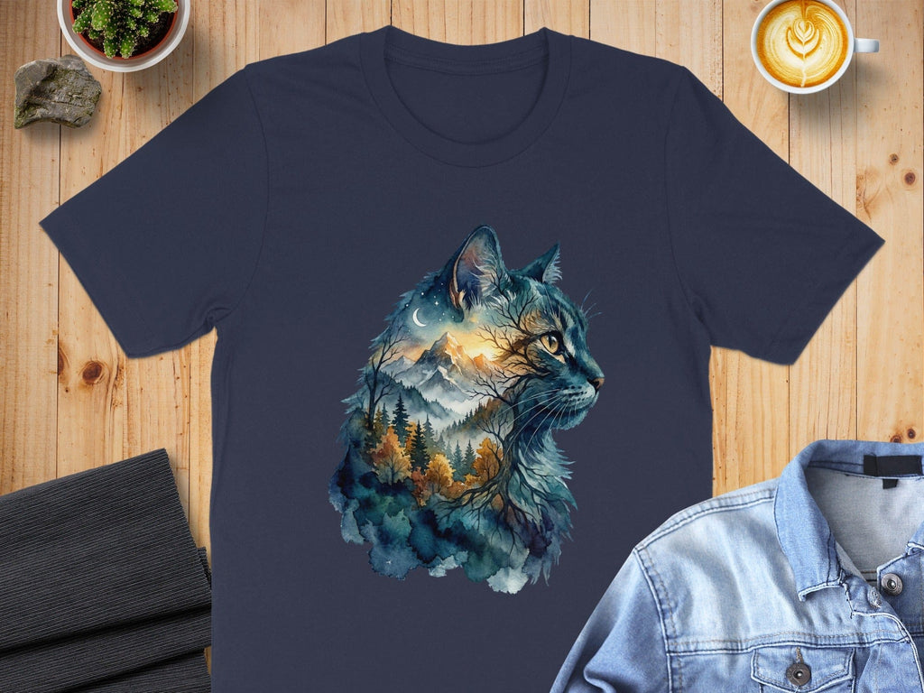 Cat Silhouette Over Forest Artwork Graphic T-Shirt