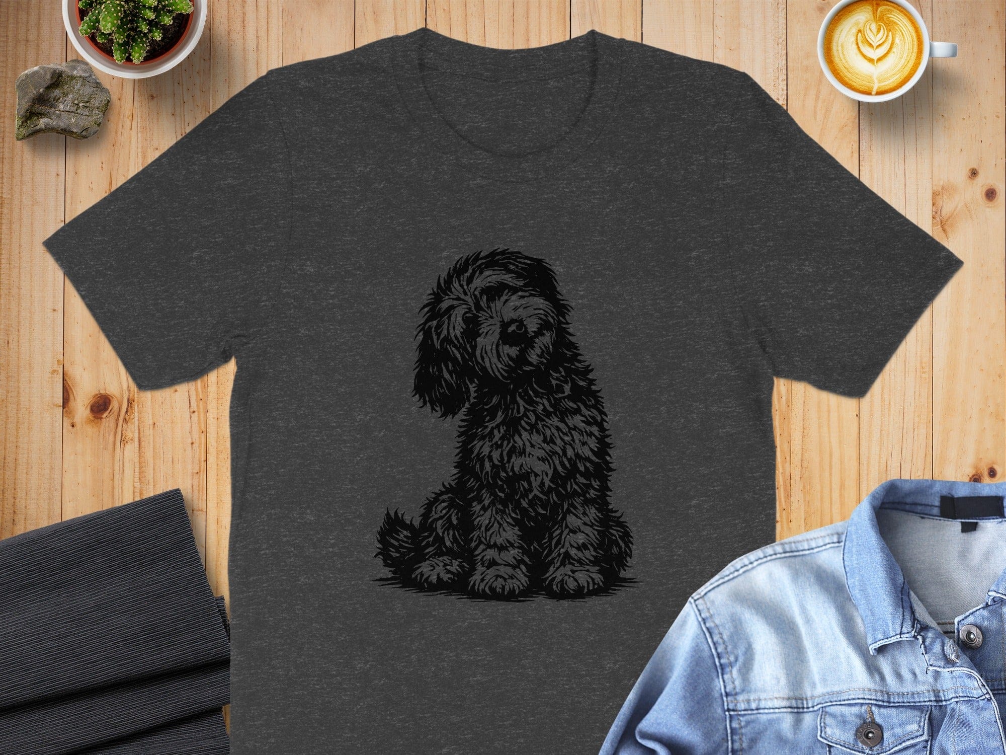 Cute Fluffy Dog Illustrated on Dark Gray T-Shirt