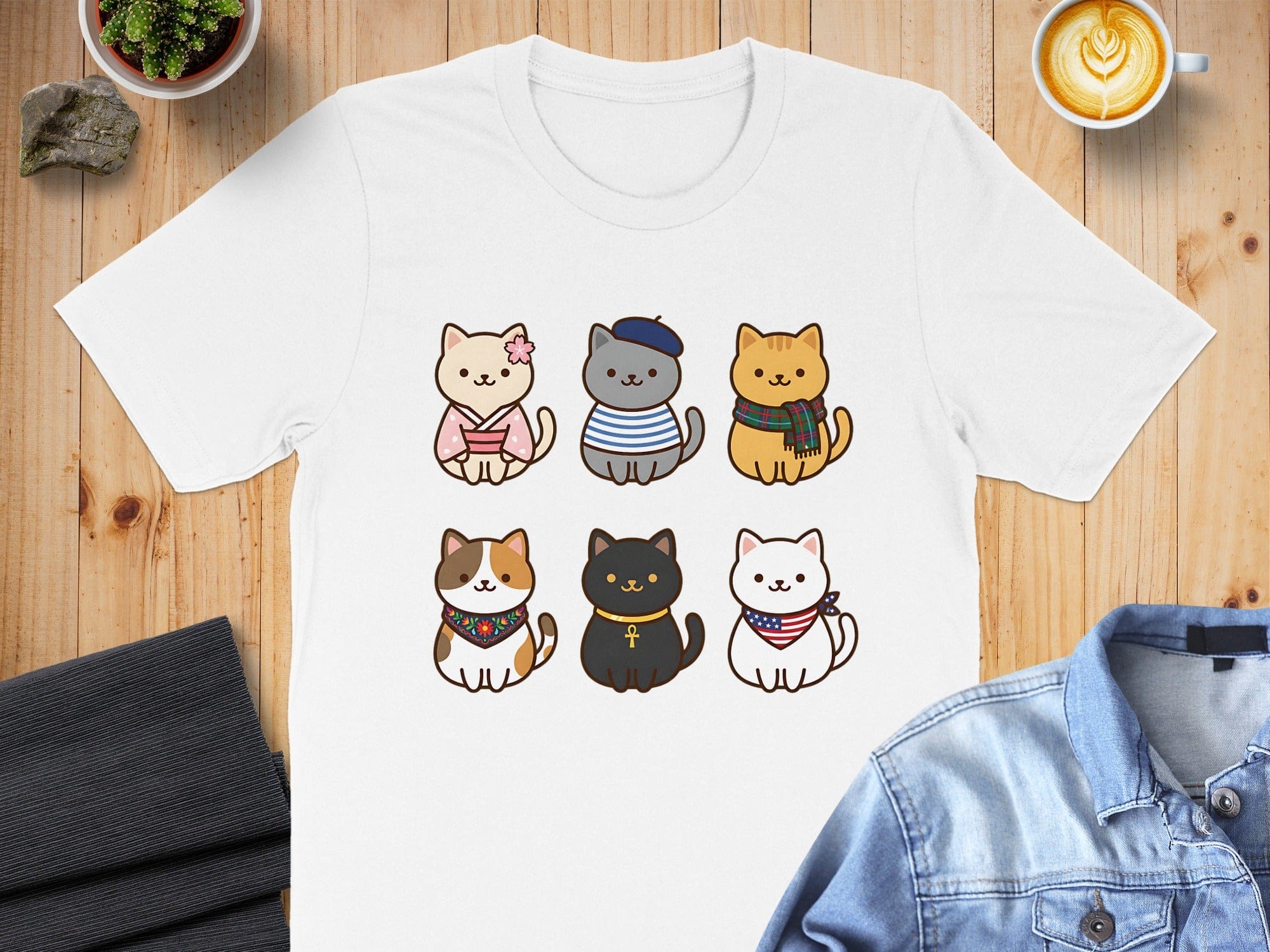 Cute Cartoon Cat Characters Printed T-Shirt