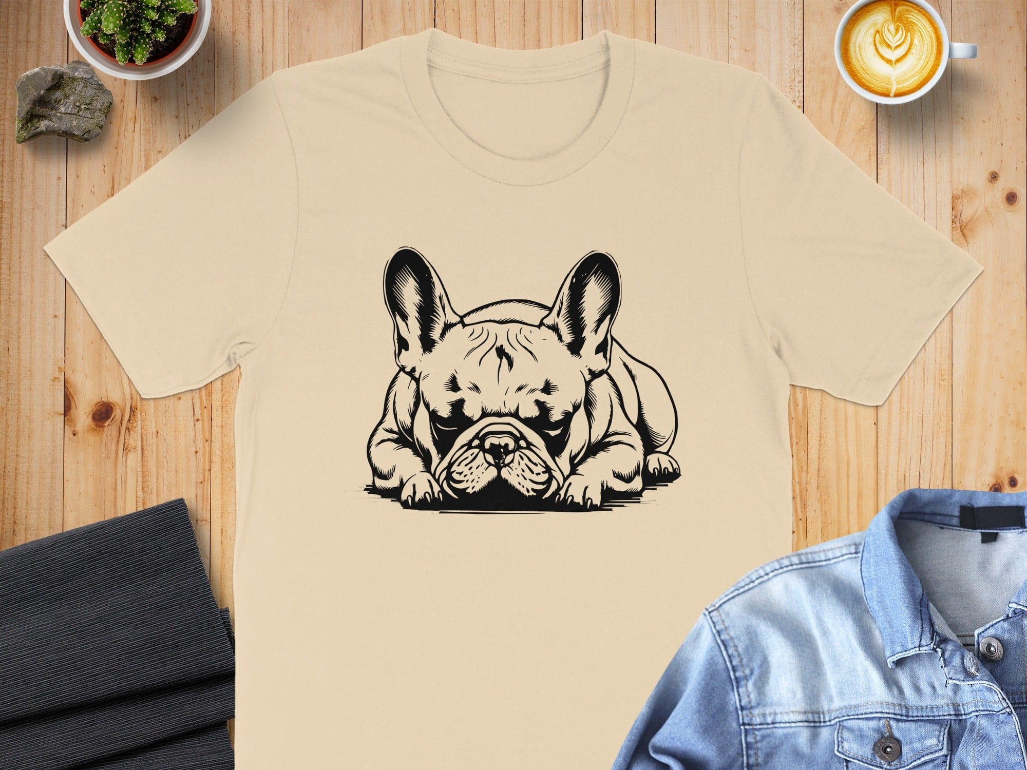 Sleeping Bulldog Print Beige Short Sleeve T-shirt