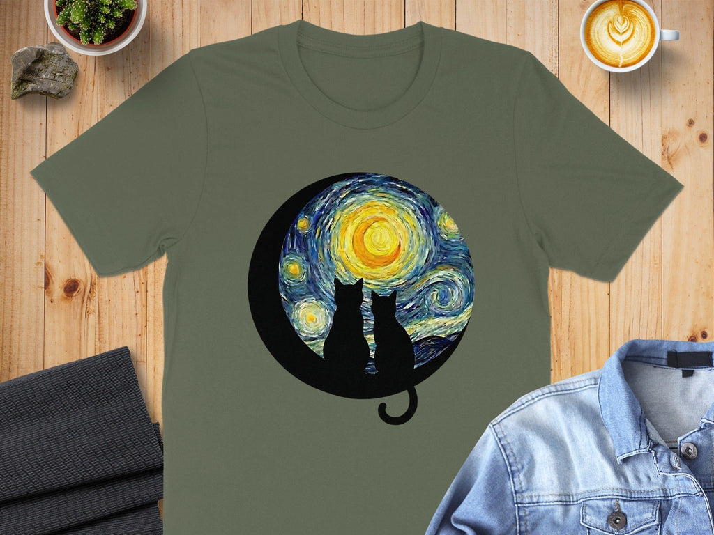 Starry Night Cats Under Moon Scene Graphic T-Shirt