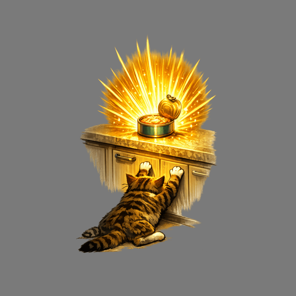 Cat Reaches for Glowing Cat Food Can illustration