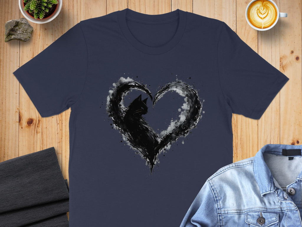 Cat Silhouette in Heart Artistic Graphic T-Shirt