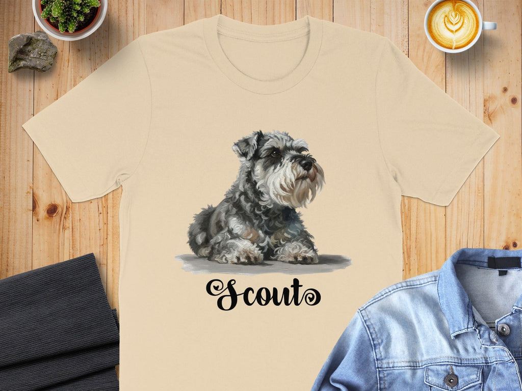 Cute Schnauzer Dog Scout Print on Beige Shirt