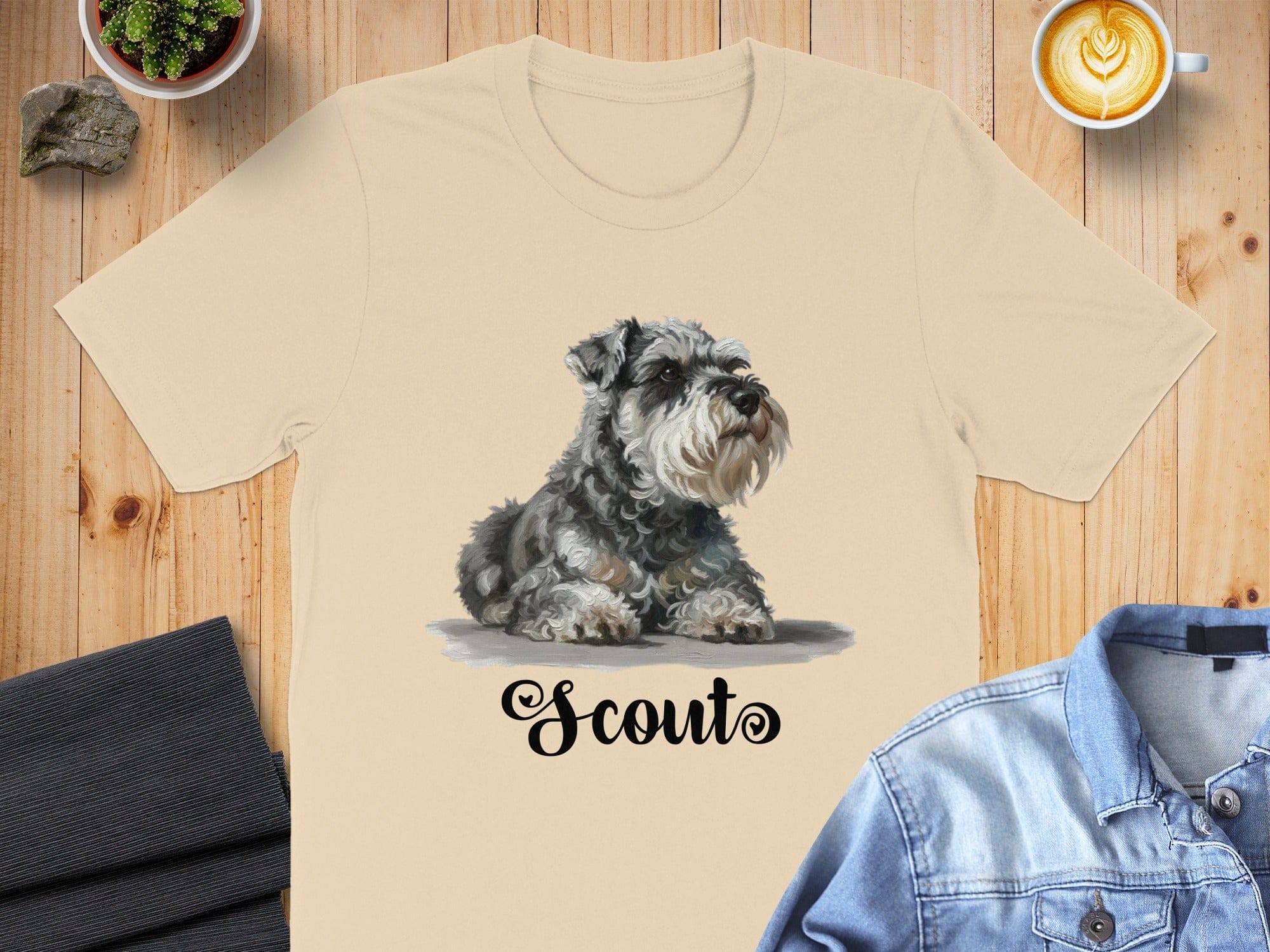 Cute Schnauzer Dog Scout Print on Beige Shirt