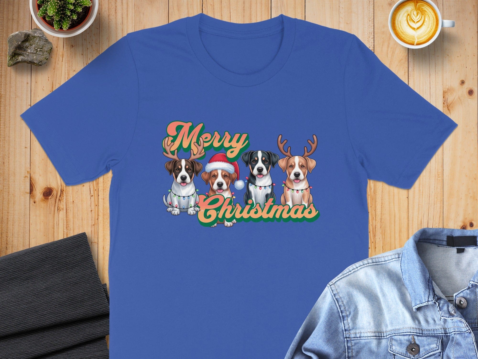 Merry Christmas Cute Dogs Graphic Blue T-Shirt