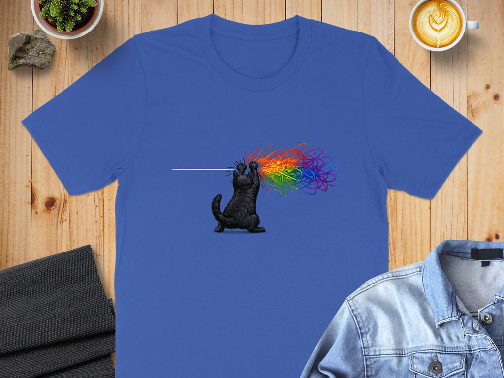 Colorful Rainbow Emanating Cat T-shirt Fun and Unique Design