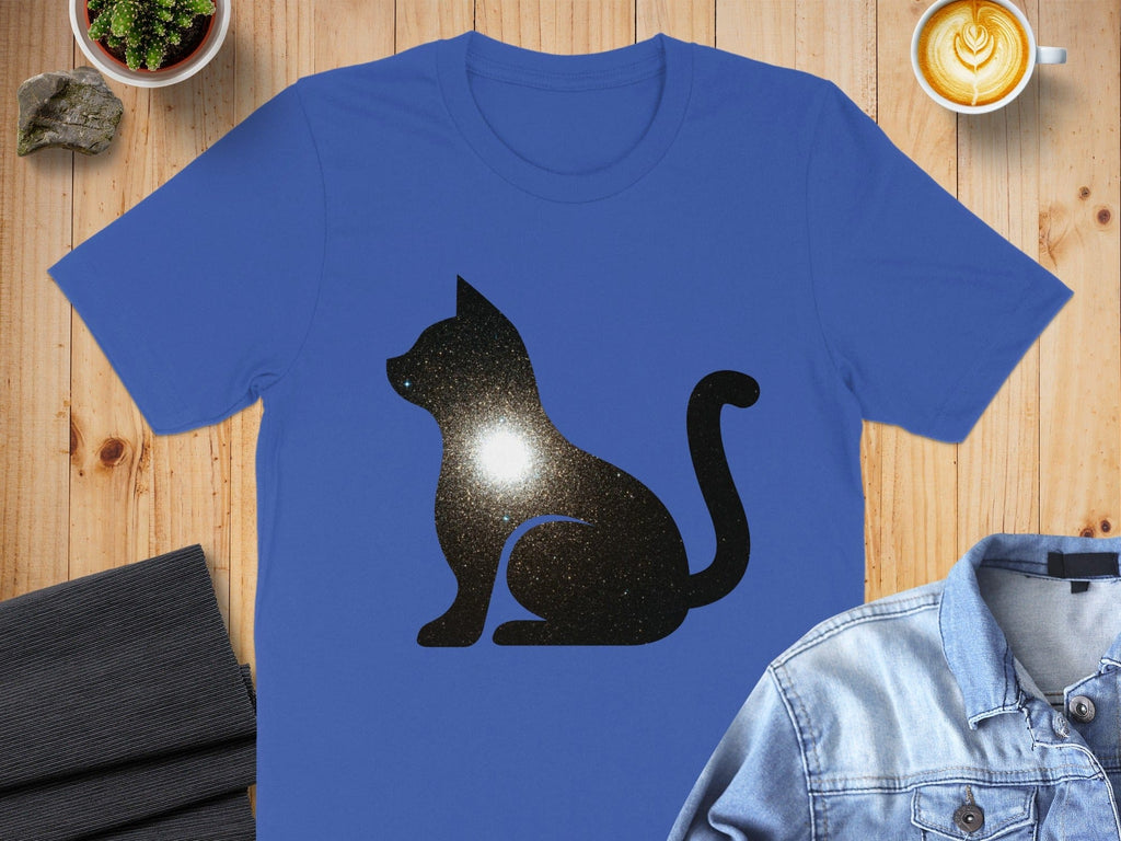 Sparkling Cat Silhouette Design on Blue T-Shirt