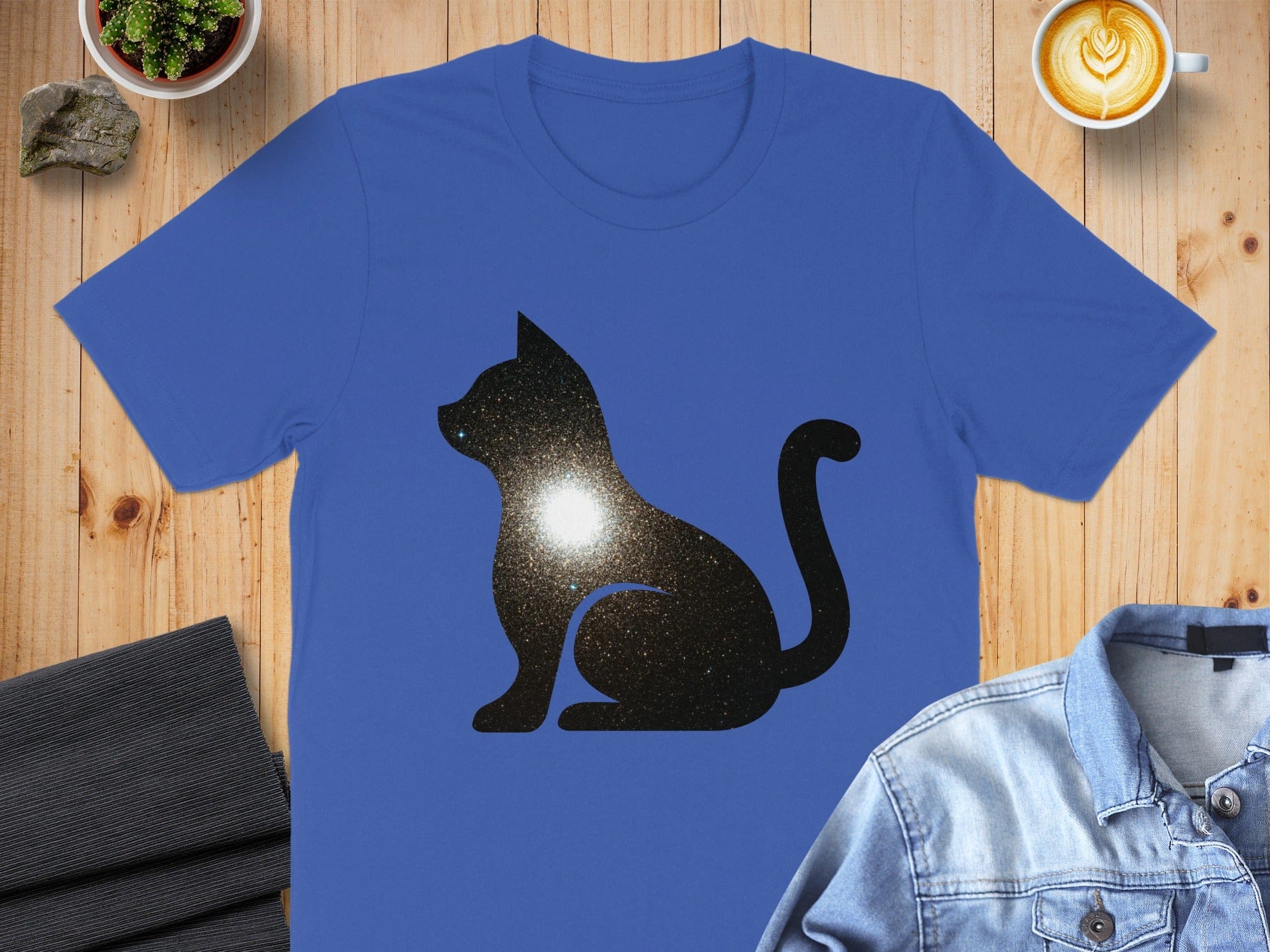 Sparkling Cat Silhouette Design on Blue T-Shirt
