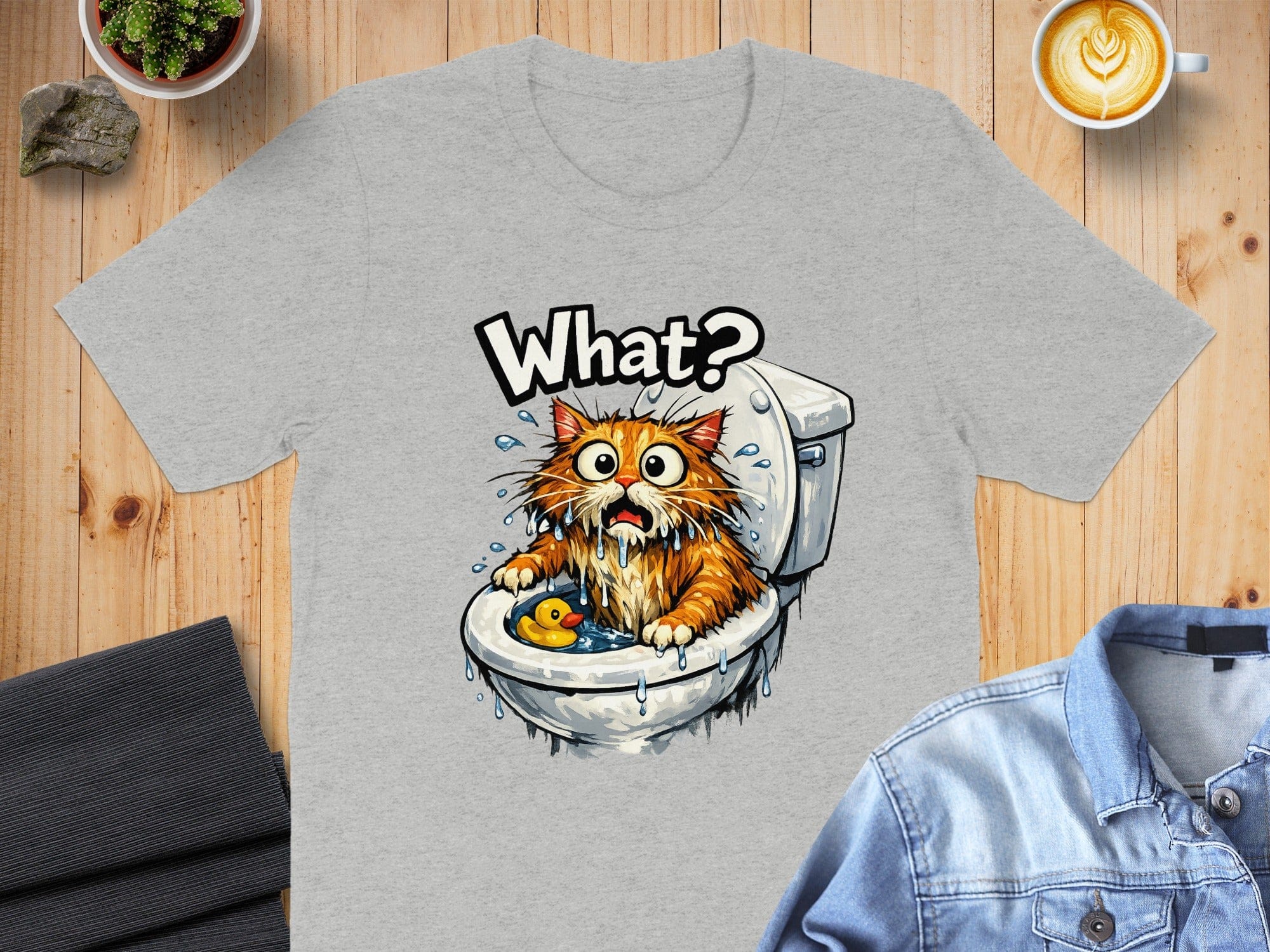 Funny Cat in Toilet with Rubber Duck Printed T-Shirt