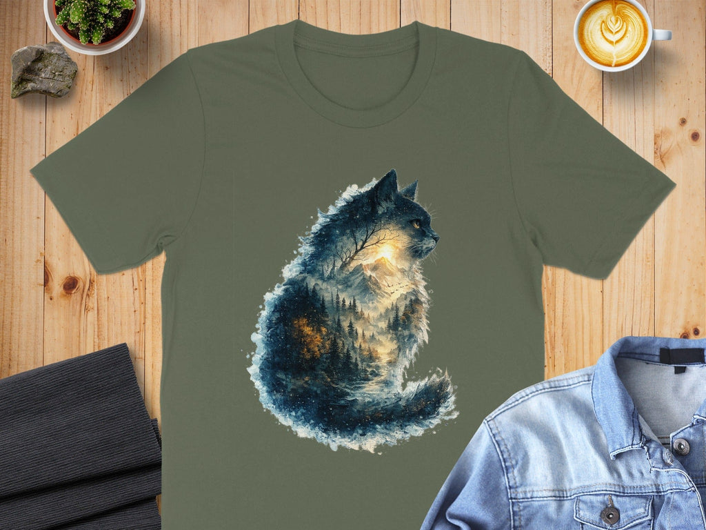 Hand Drawn Cat With Nature Silhouette T-Shirt