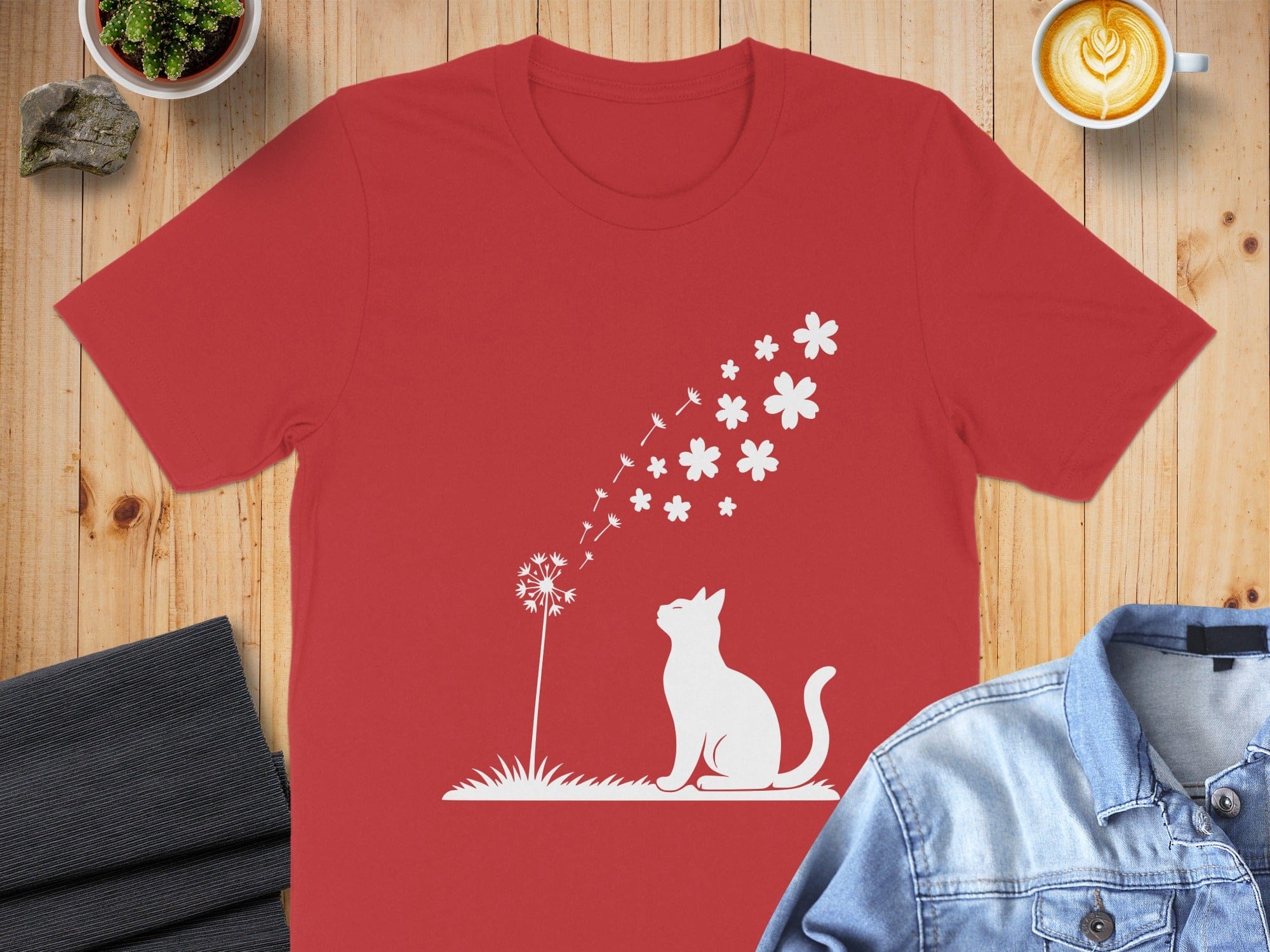 Cat and Dandelion Flowers Graphic T-Shirt