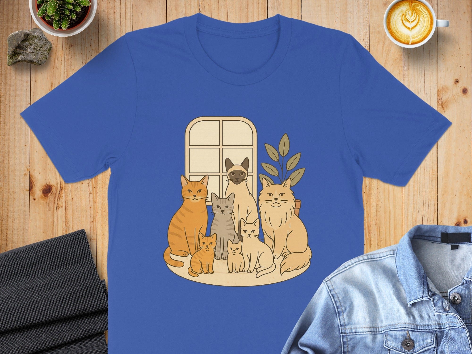 Adorable Blue T-Shirt with Cute Cat Family Design
