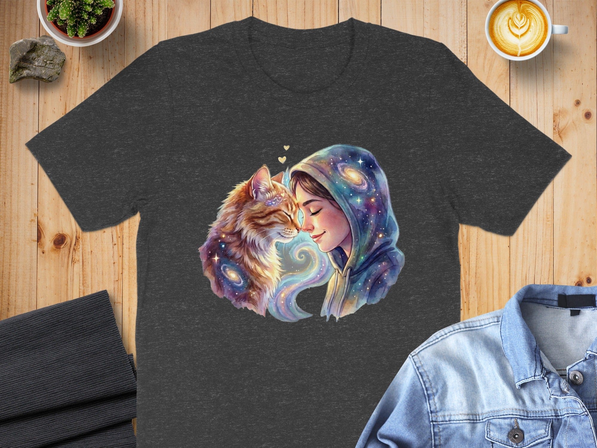 Cosmic Cat and Girl in Hoodie Graphic T-Shirt